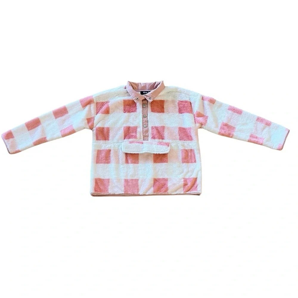 New blue b White Pink Mauve Checker Teddy Fleece Snap Up Comfy Outdoor Jacket S - Picture 2 of 3